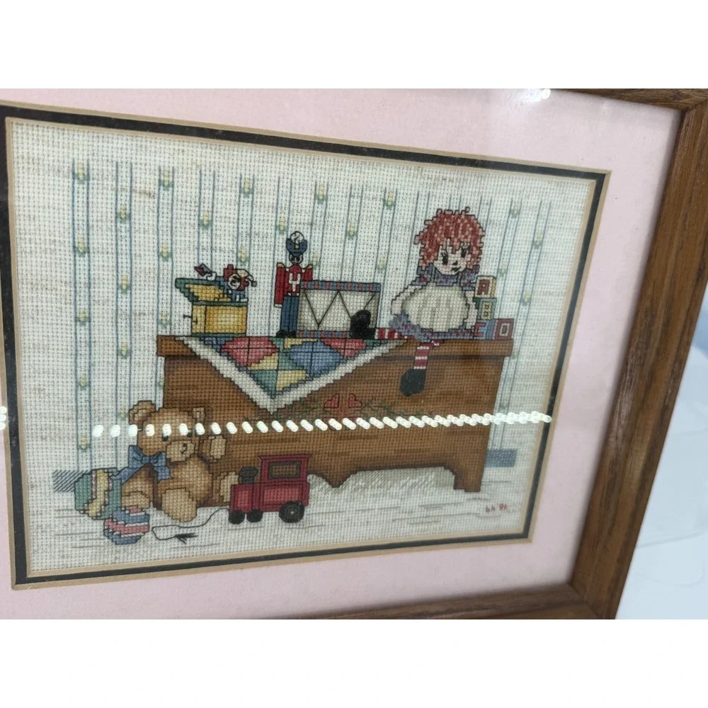 Vintage Raggedy Ann Cross Stitch Framed Nursery Decor Teddy Bear Toy Chest